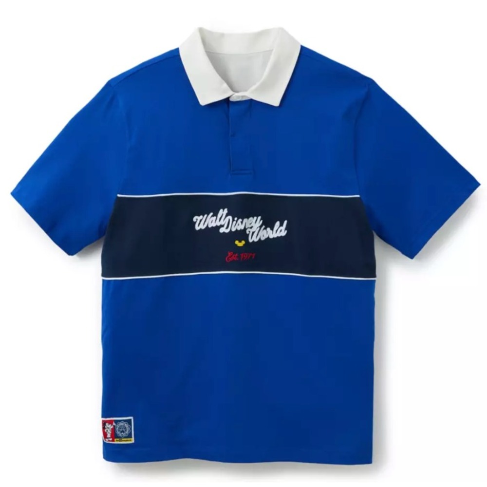 Disney Mens Large Blue & Navy Mickey Mouse Collegiate Rugby Polo Embroidered NWT